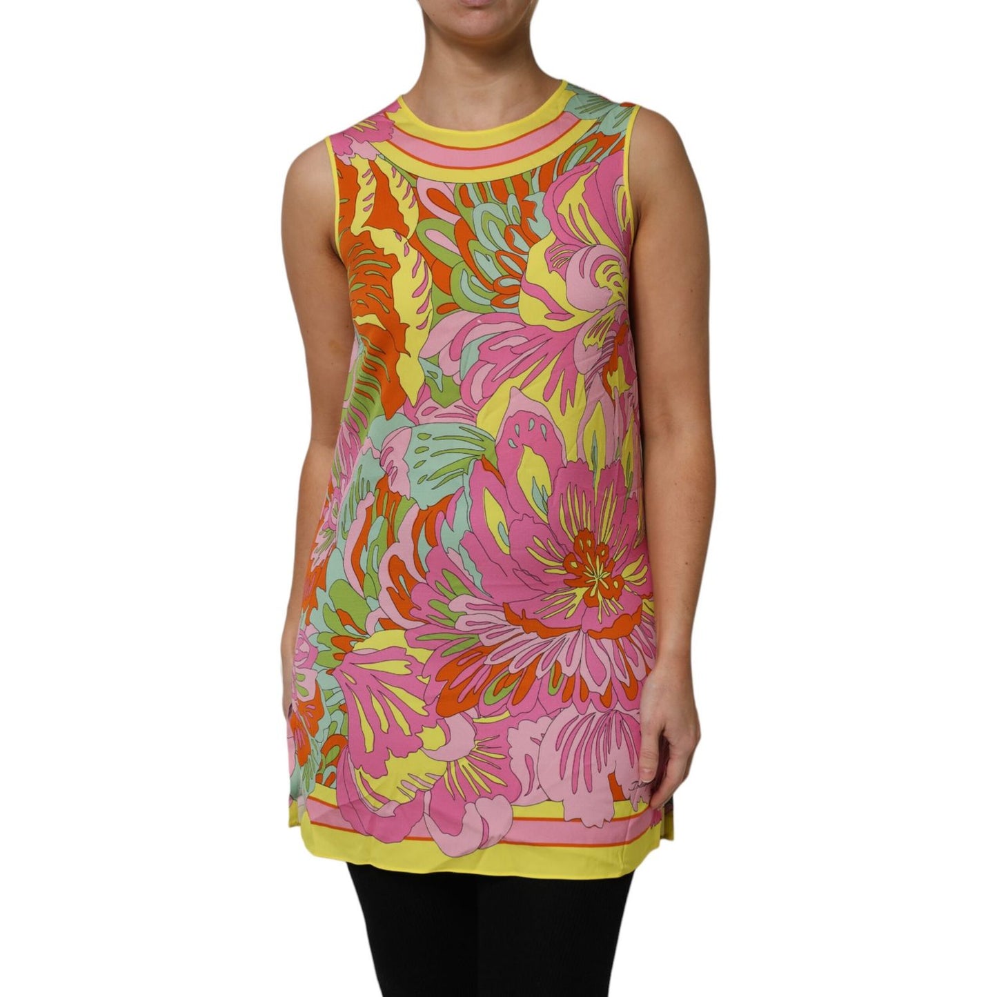 Dolce & Gabbana Multicolor Floral Roundneck Sleeveless Top with yellow, pink, and green floral pattern, luxurious silk blend.