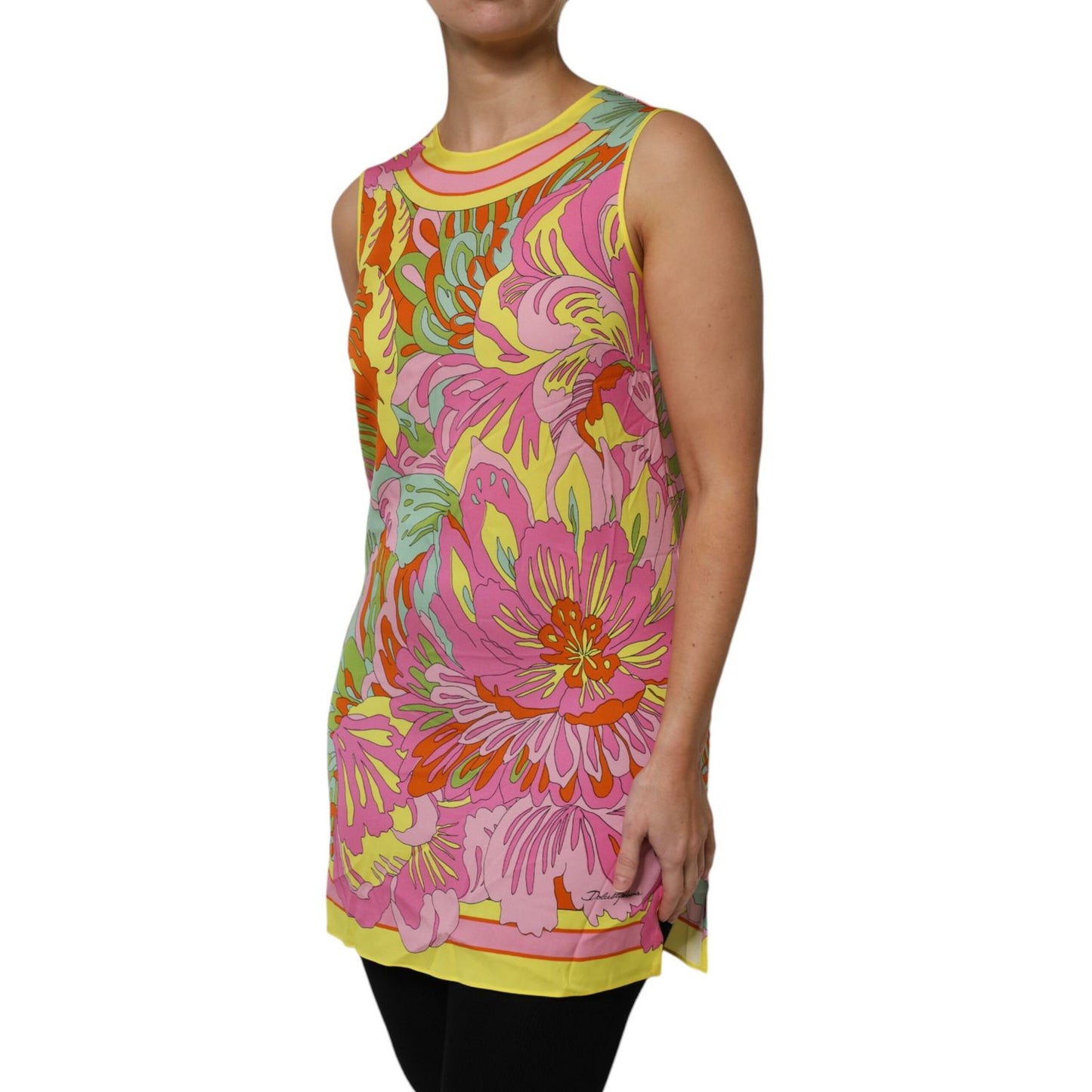 Dolce & Gabbana Multicolor Floral Roundneck Sleeveless Top made from 91% silk, featuring intricate floral patterns and logo details, made in Italy.
