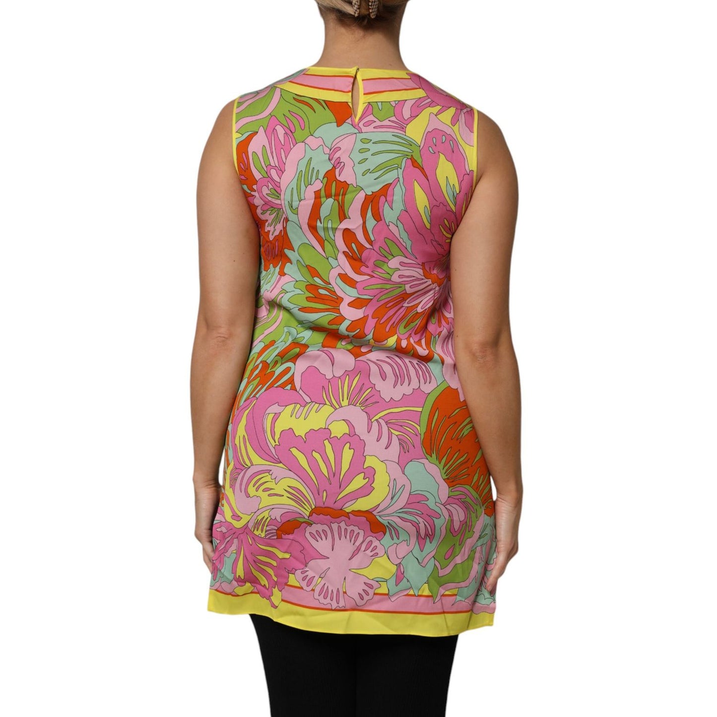 Back view of Dolce & Gabbana Multicolor Floral Roundneck Sleeveless Top showing vibrant floral pattern.