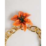 Dolce & Gabbana Multicolor Gold Brass Tiger Lily Floral Chai Necklace with orange flower clasp and chunky interlinked chains.