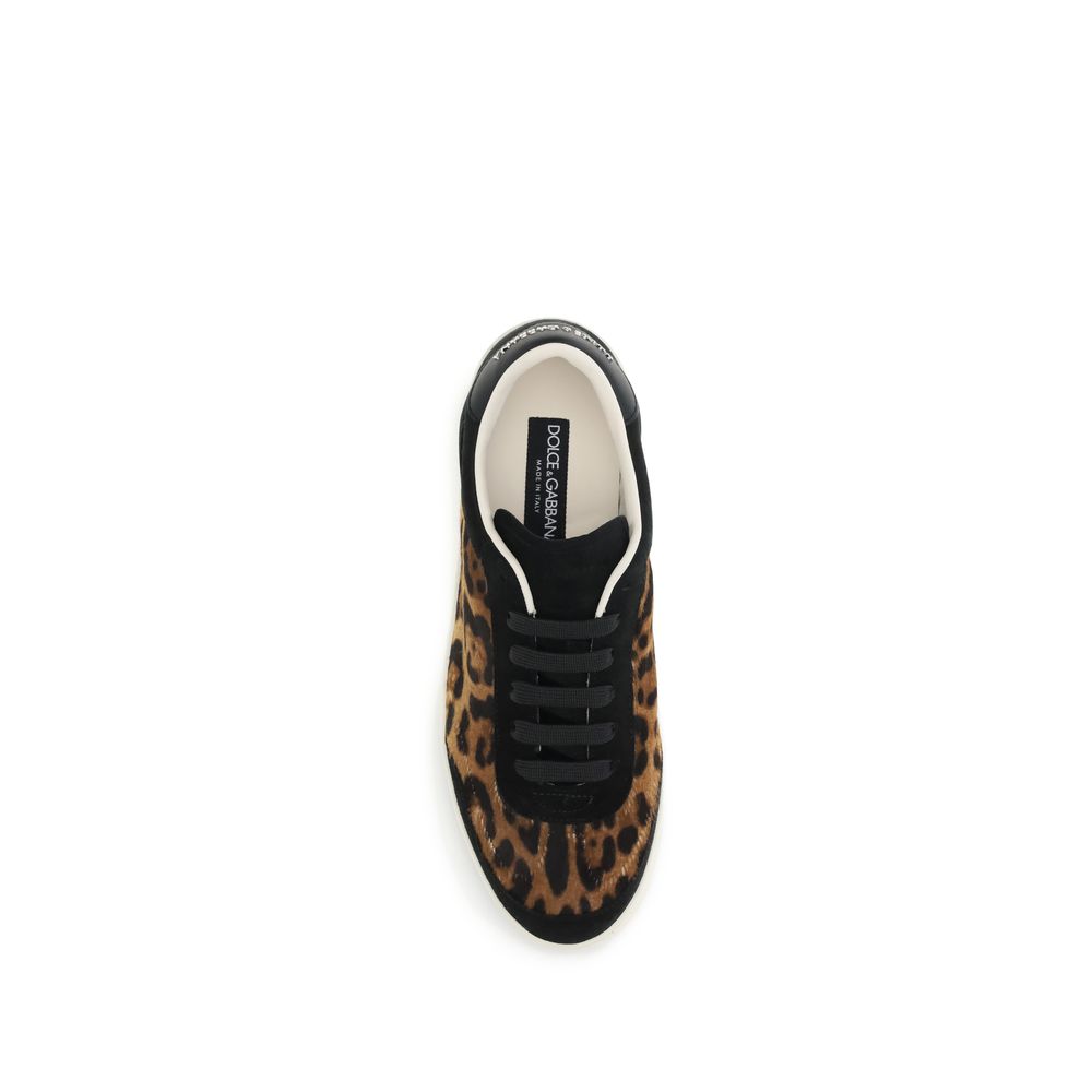 Top view of Dolce & Gabbana Multicolor Lamb Ovis Aries Aries Low Top Sneakers with leopard print and branding on tongue.