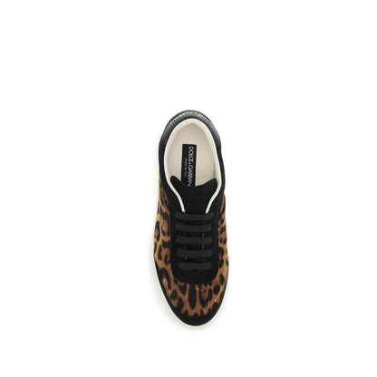 Top view of Dolce & Gabbana Multicolor Lamb Ovis Aries Aries Low Top Sneakers with leopard print and branding on tongue.