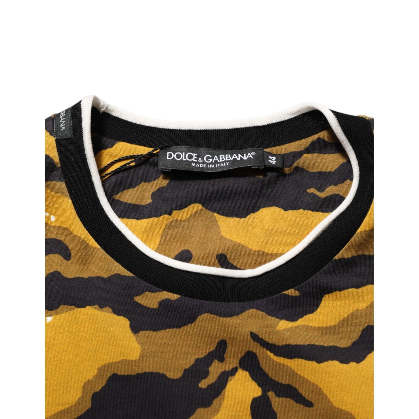 Dolce & Gabbana Multicolor Leopard Palm Leaf Men Crew Neck T-shirt, close-up of collar and vibrant print design.