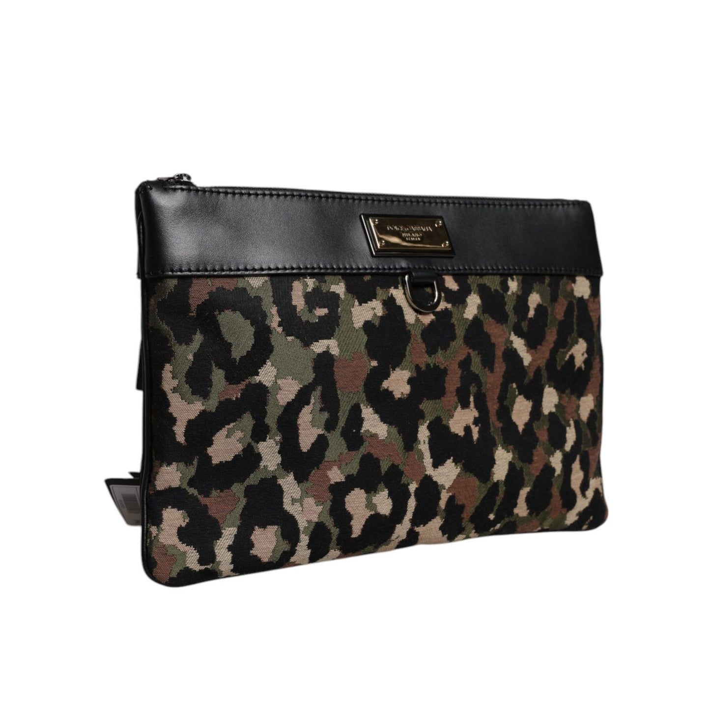 Dolce & Gabbana Multicolor Leopard Print Jacquard Logo Plaque Pouch Bag with zipper closure and logo plaque detailing.
