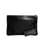 Dolce & Gabbana Multicolor Leopard Print Jacquard Logo Plaque Pouch Bag with tag attached, shown in black with zipper closure.