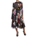 Dolce & Gabbana Multicolor Patchwork Floral Leopard Dress, A-line silk midi with zipper and logo details, made in Italy.