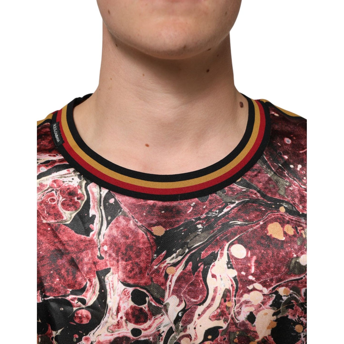 Dolce & Gabbana Multicolor Polyester Marble Print Oversize T-shirt with red, black, cream, and gold abstract design