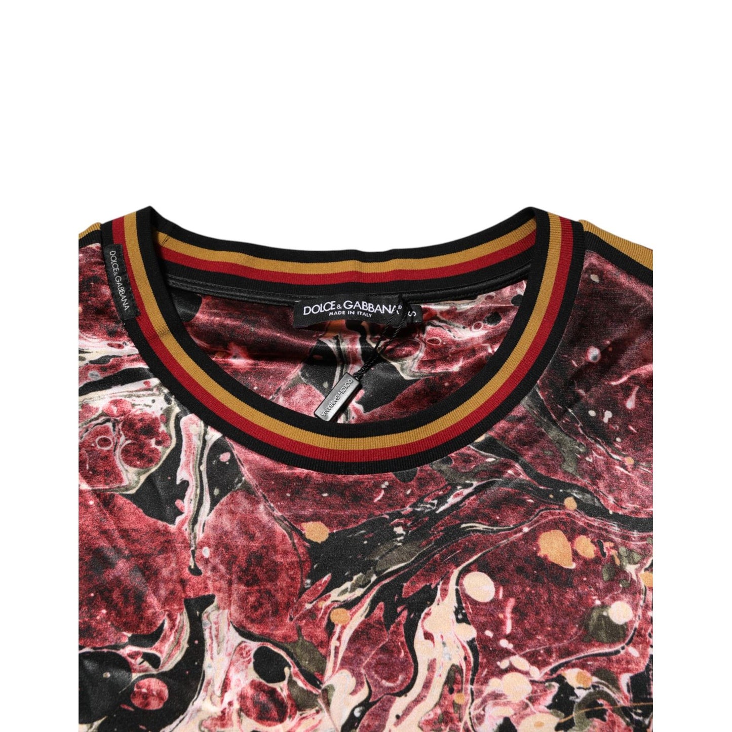 Dolce & Gabbana Multicolor Polyester Marble Print Oversize T-shirt with bold red, black, cream, and gold abstract design.