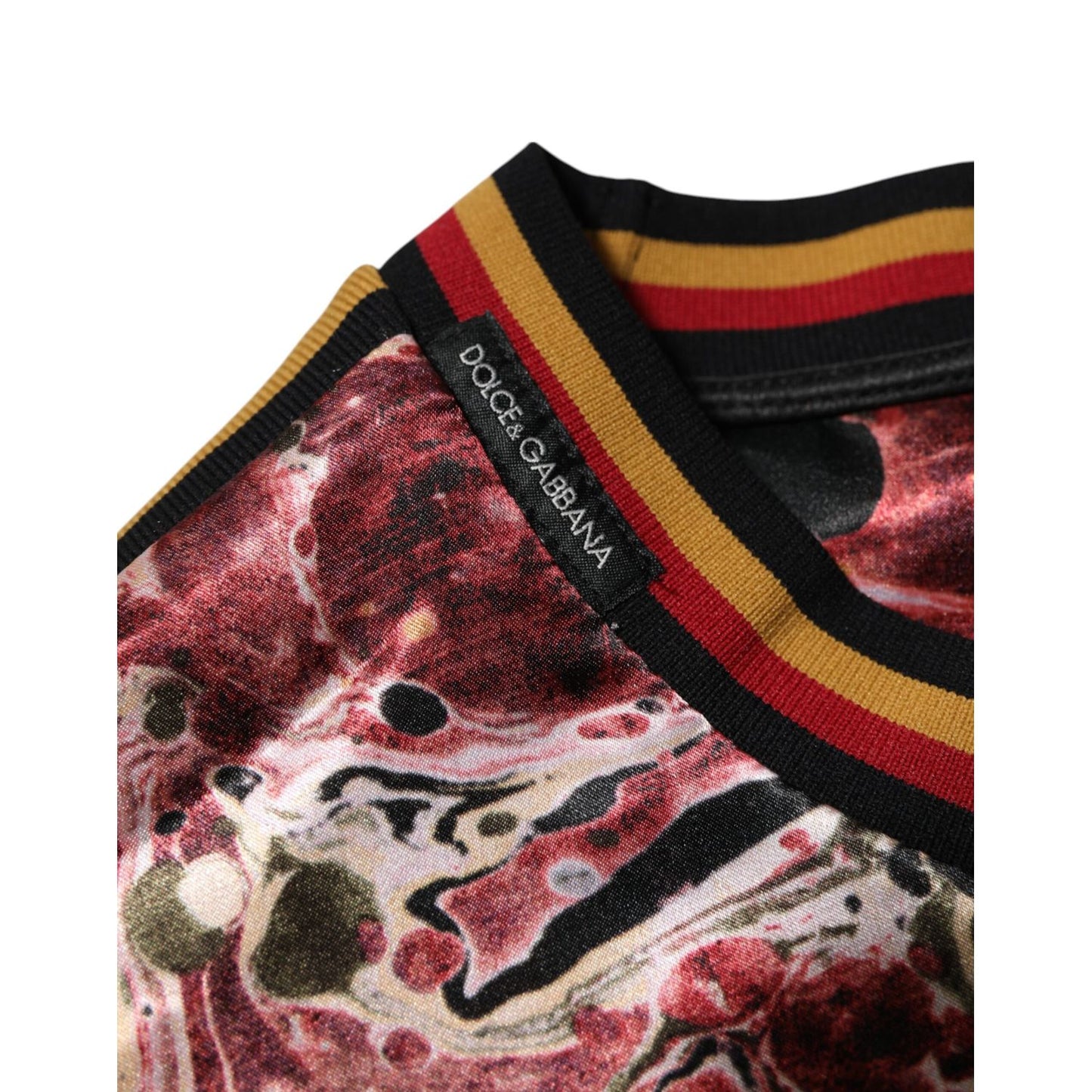 Dolce & Gabbana Multicolor Polyester Marble Print Oversize T-shirt with abstract red, black, cream, gold design and logo detail.