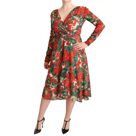 Dolce & Gabbana Multicolor Portofino-Print Shift Dress in red floral silk with V-neck and long sleeves.