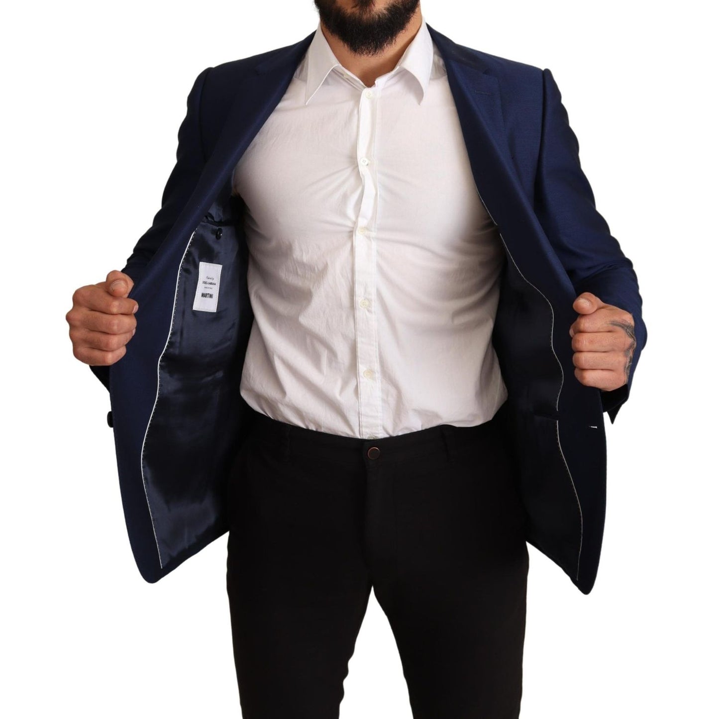 Man wearing Dolce & Gabbana Navy Blue Slim Fit Jacket MARTINI Blazer, showing inside pockets, formal style, exclusive collection.