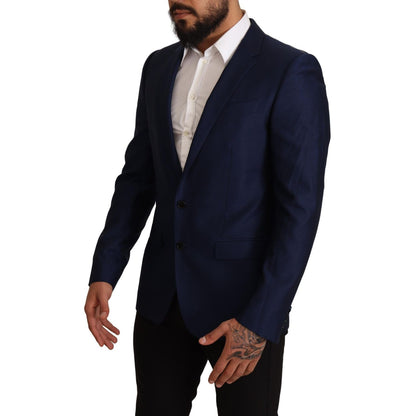 Man wearing Dolce & Gabbana Navy Blue Slim Fit Jacket MARTINI Blazer with white shirt, showcasing slim fit and stylish design.
