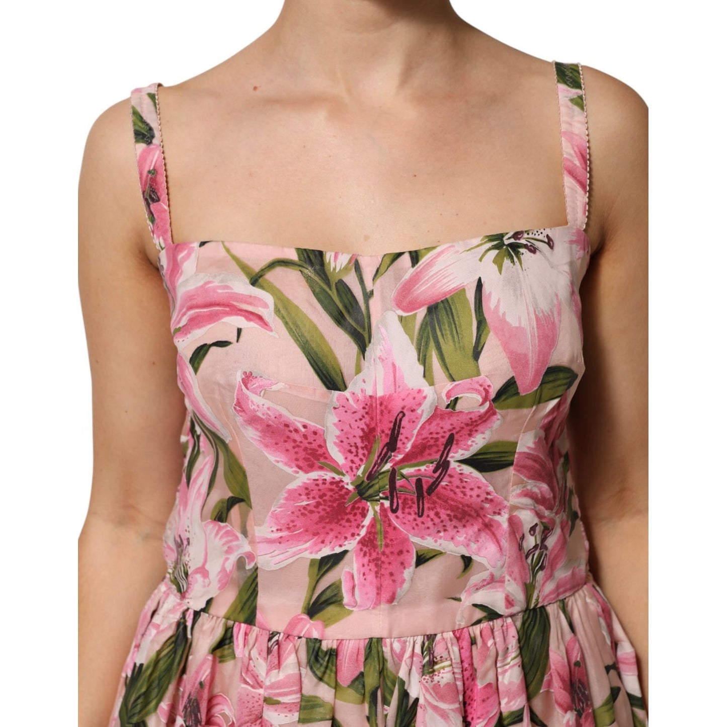 Dolce & Gabbana Pink Floral Lily Print Midi Sleeveless Dress
