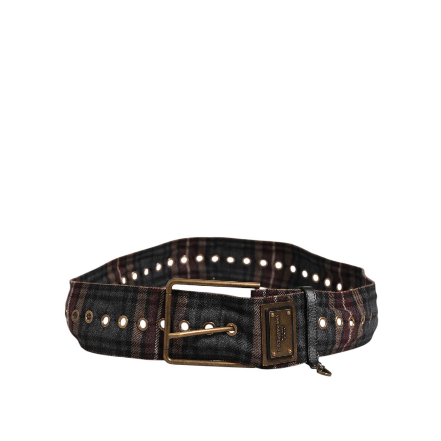 Dolce & Gabbana Plaid Fabric Logo Plate Brass Buckle Belt