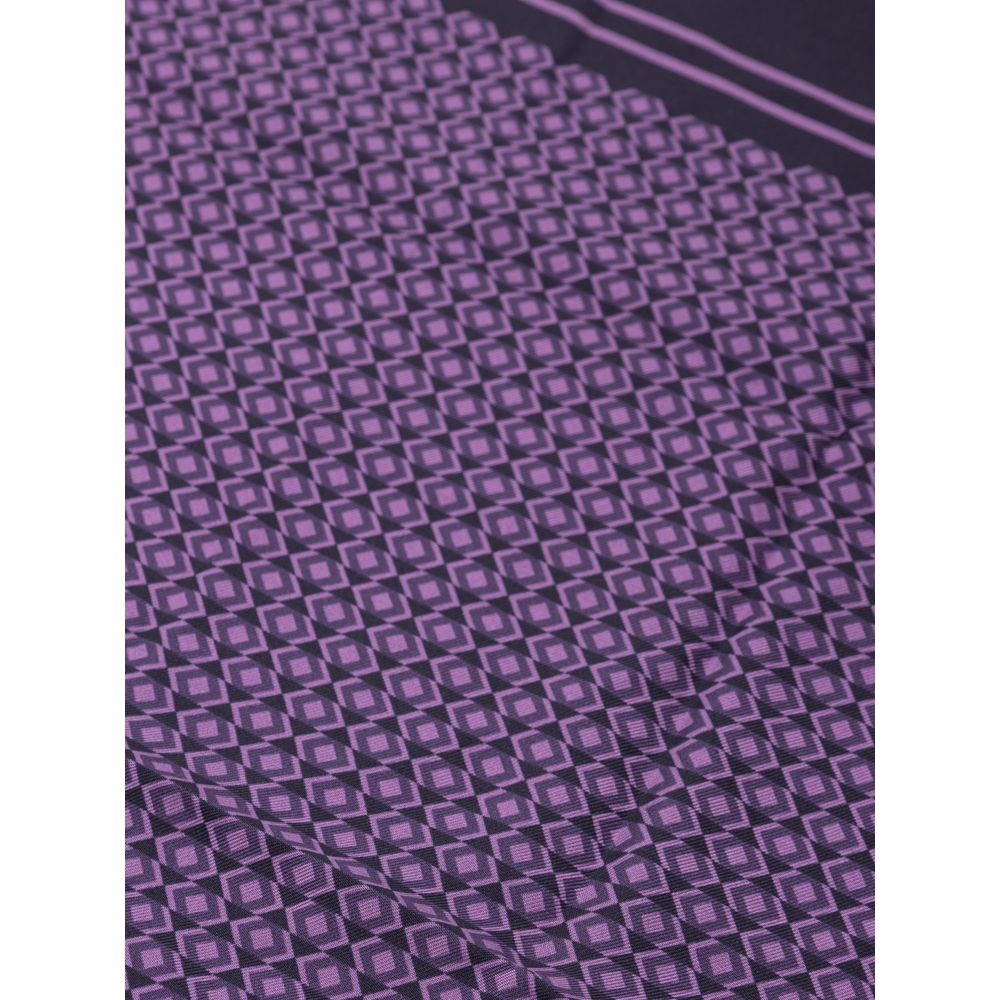 Dolce & Gabbana Purple Silk Pocket Square with geometric print and DG logo, handmade in Italy, 32×32 cm, luxury accessory.