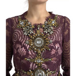 Dolce & Gabbana Purple Viscose Crystal A-Line Gown Dress with floral embroidery and crystal embellishments, close-up of neckline.