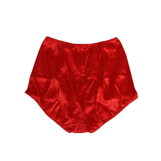 Dolce & Gabbana Red Silk Satin High-Waist Briefs Women Underwear in luxurious Italian-made satin with logo details.