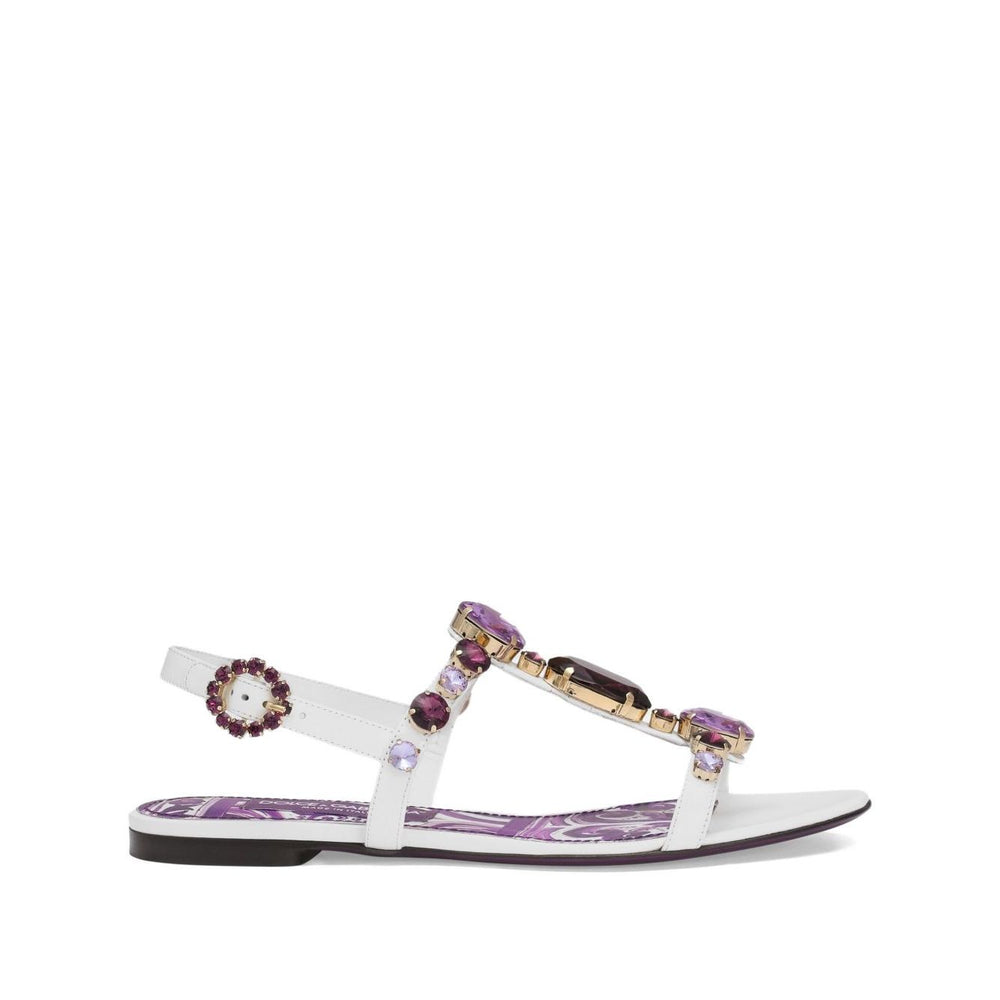 Alt Tag: Dolce & Gabbana Sandals Purple with white rhinestone embellishments, side buckle fastening, flat sole, and Maiolica leather design.