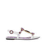 Alt Tag: Dolce & Gabbana Sandals Purple with white rhinestone embellishments, side buckle fastening, flat sole, and Maiolica leather design.