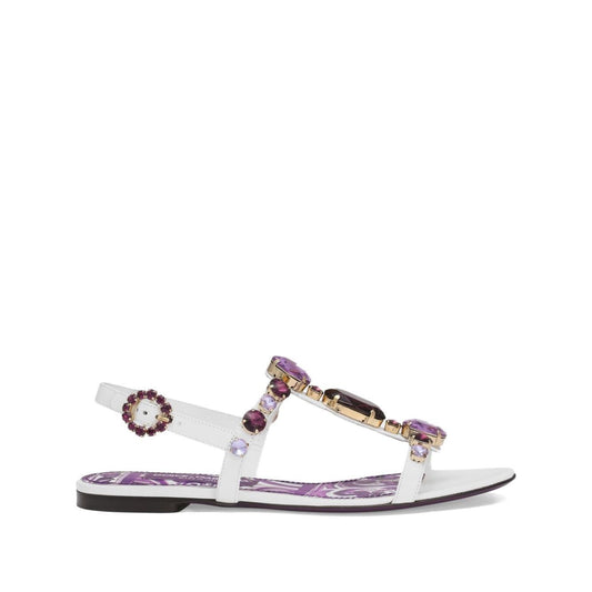 Alt Tag: Dolce & Gabbana Sandals Purple with white rhinestone embellishments, side buckle fastening, flat sole, and Maiolica leather design.
