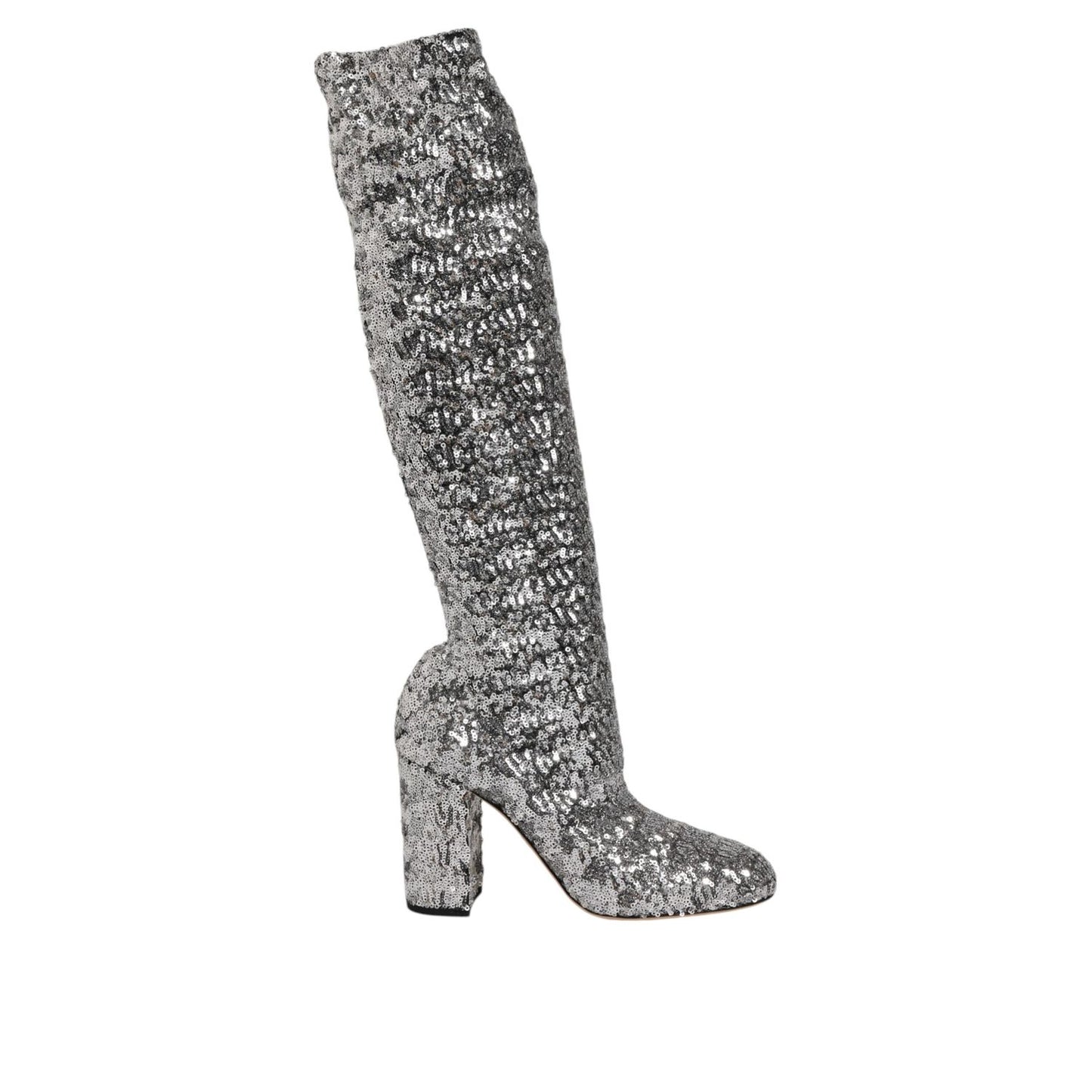 Dolce & Gabbana Shoes Silver Sequins Glitter High Heel Boot Shoes, luxury over-the-knee style with block heel and round toe.