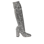 Dolce & Gabbana Shoes Silver Sequins Glitter High Heel Boot Shoes with block heel and round toe, perfect for evening wear.