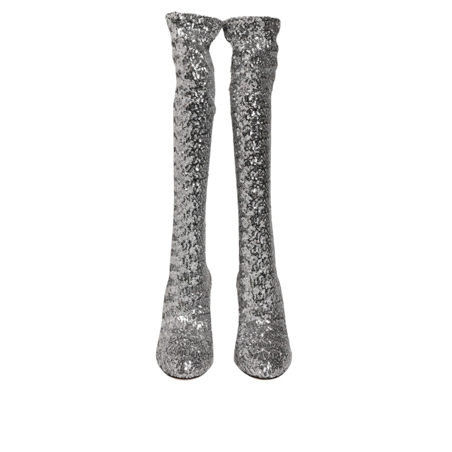 Dolce & Gabbana Shoes Silver Sequins Glitter High Heel Boot Shoes, over-the-knee with block heel, dazzling evening footwear.