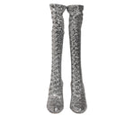 Dolce & Gabbana Shoes Silver Sequins Glitter High Heel Boot Shoes, over-the-knee with block heel, dazzling evening footwear.