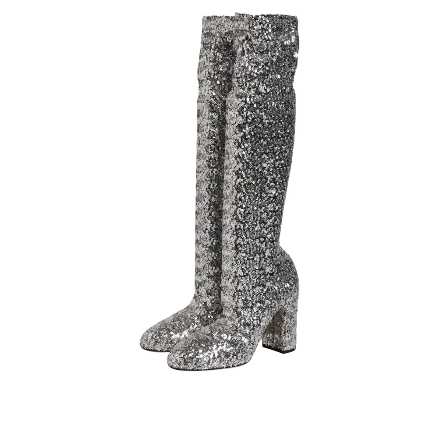 Dolce & Gabbana Shoes Silver Sequins Glitter High Heel Boot Shoes, over-the-knee, dazzling statement piece for evening wear, preowned with tags.