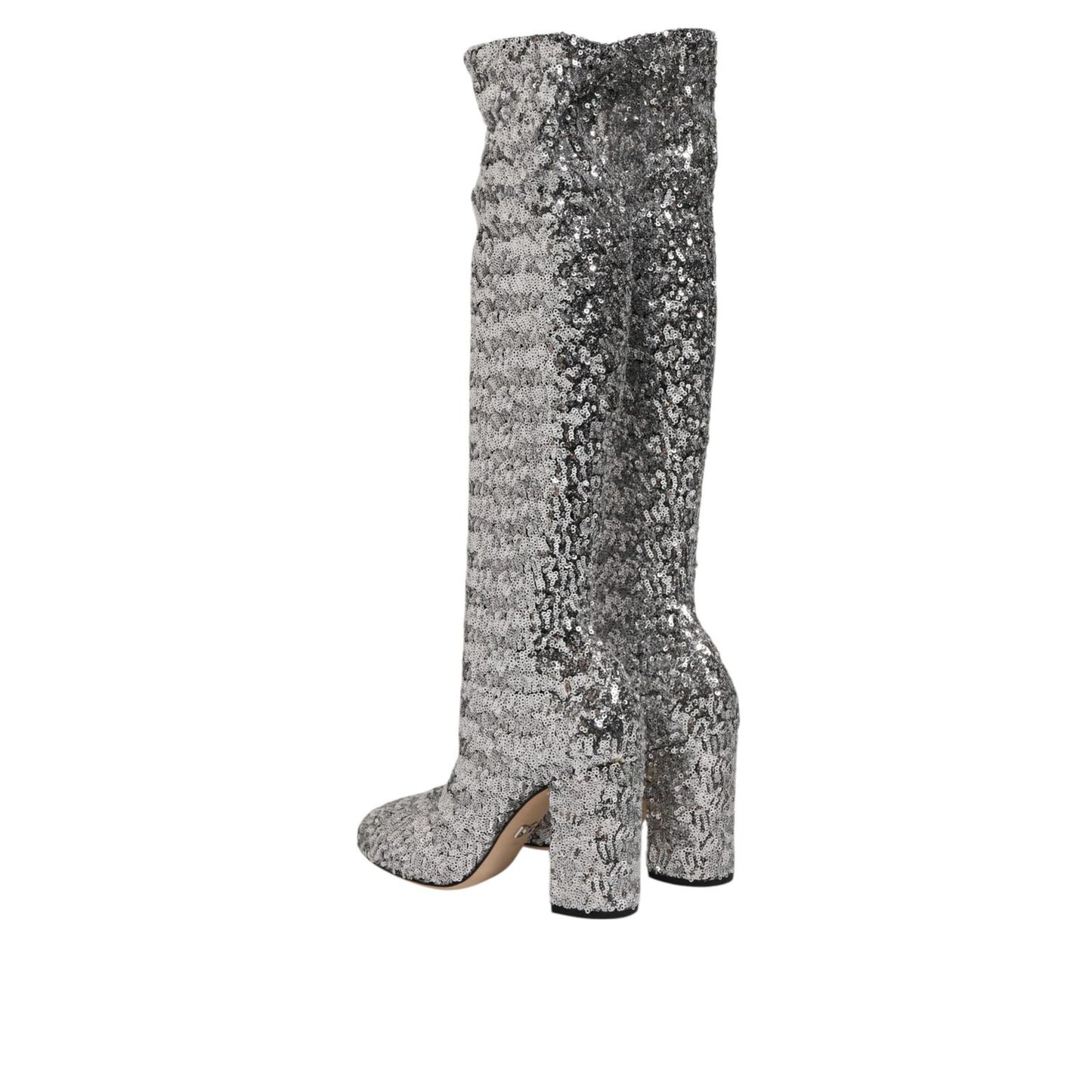 Dolce & Gabbana Shoes Silver Sequins Glitter High Heel Boot Shoes, over-the-knee, Italian-crafted, shimmering statement footwear.