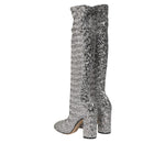 Dolce & Gabbana Shoes Silver Sequins Glitter High Heel Boot Shoes, over-the-knee, Italian-crafted, shimmering statement footwear.