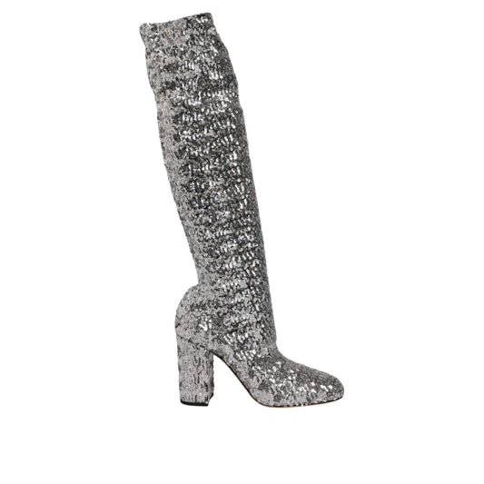 Dolce & Gabbana Shoes Silver Sequins Glitter High Heel Boot Shoes, luxury over-the-knee style with block heel and round toe.
