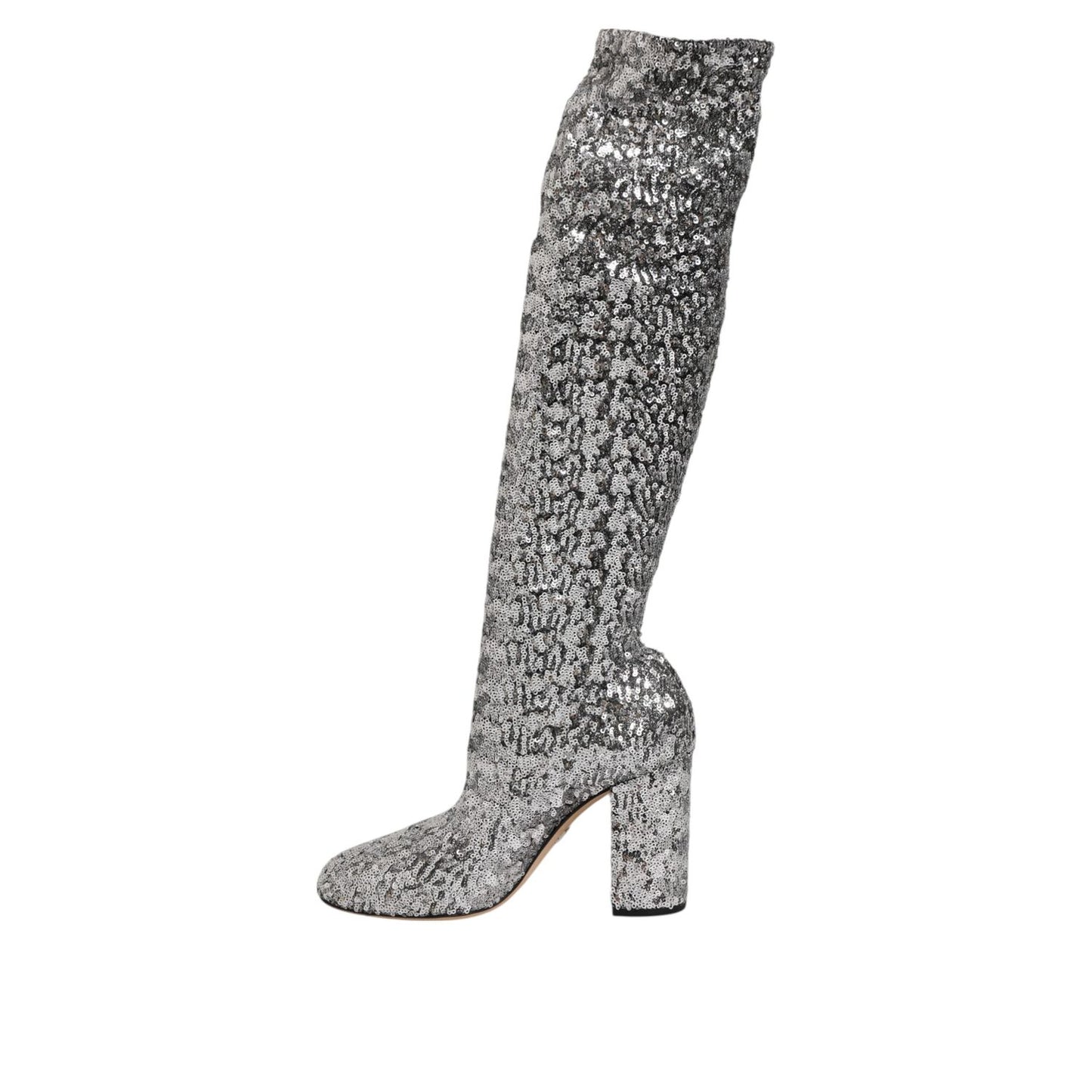 Dolce & Gabbana Shoes Silver Sequins Glitter High Heel Boot Shoes, over-the-knee, Italian-crafted, dazzling footwear for special occasions.