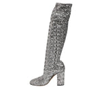 Dolce & Gabbana Shoes Silver Sequins Glitter High Heel Boot Shoes, over-the-knee, Italian-crafted, dazzling footwear for special occasions.