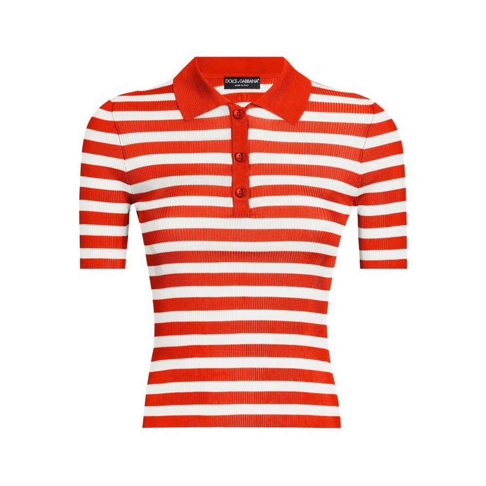 Dolce & Gabbana Striped Polo Top with red and white stripes, button placket, short sleeves, and tonal logo plaque, straight hem design.