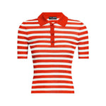 Dolce & Gabbana Striped Polo Top with red and white stripes, button placket, short sleeves, and tonal logo plaque, straight hem design.