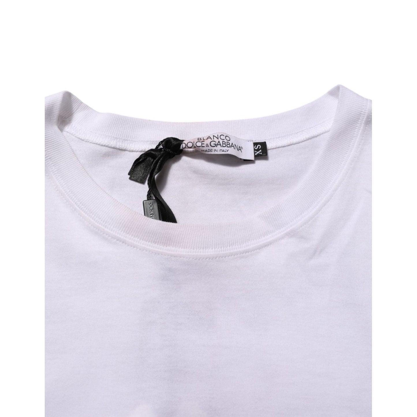 Dolce & Gabbana White Angel Print Cotton Men Crew Neck T-shirt close-up of neckline and label