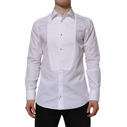 Man wearing Dolce & Gabbana White Bib Cotton Popline GOLD Men Formal Shirt, classic neck, button closure, slim fit.