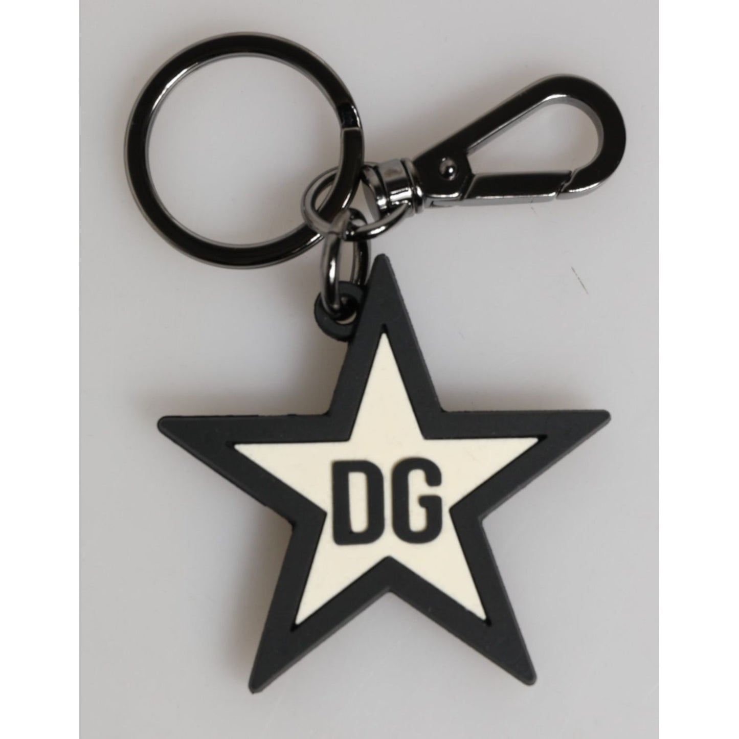 Dolce & Gabbana White Black DG Logo Star Rubber Men's Keychain Keyring with silver brass ring and logo engraving.