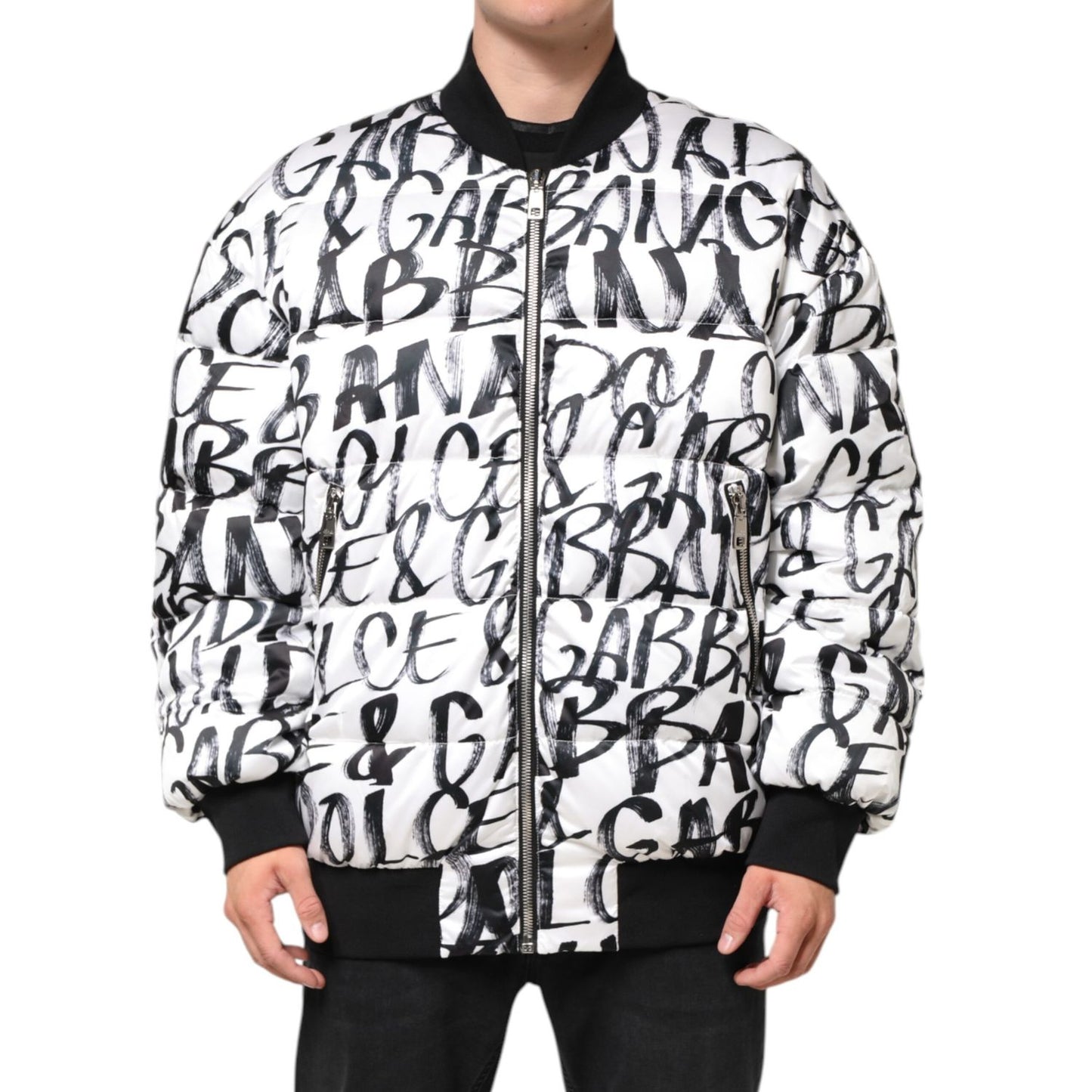 Dolce & Gabbana White Black Graffiti Logo Puffer Bomber Jacket with allover print, model wearing front view, stylish streetwear fashion