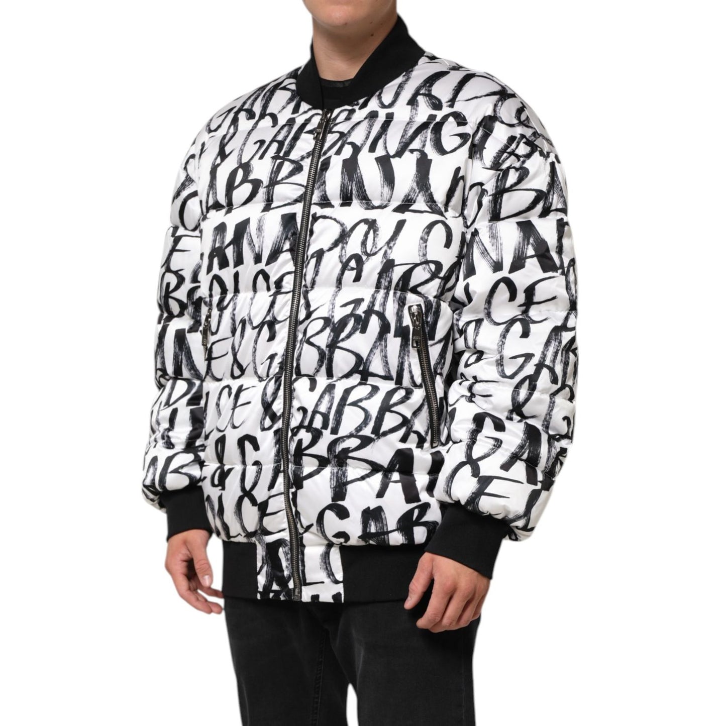 Dolce & Gabbana White Black Graffiti Logo Puffer Bomber Jacket, front view showcasing distinctive style.