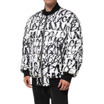 Dolce & Gabbana White Black Graffiti Logo Puffer Bomber Jacket, front view showcasing distinctive style.
