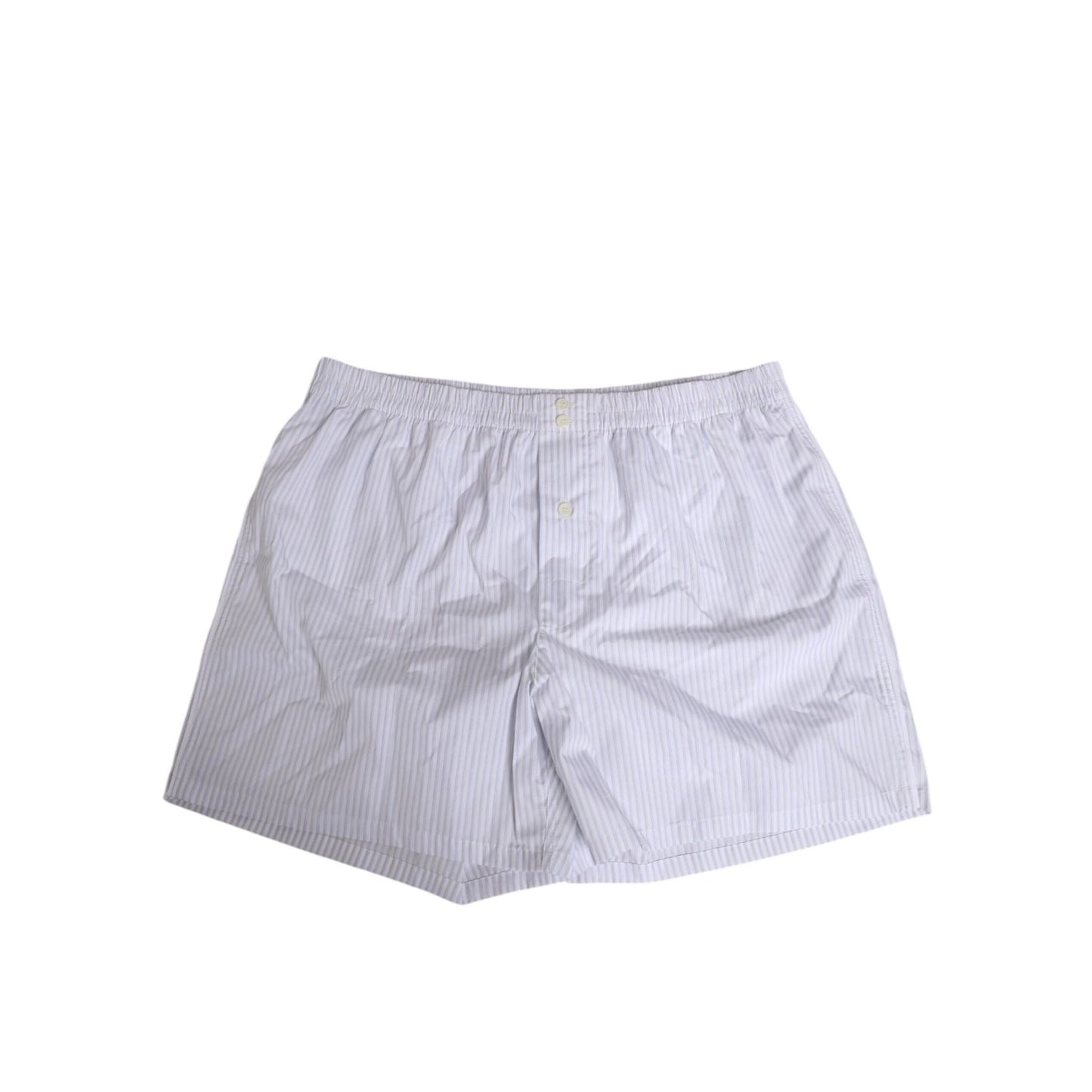 Dolce & Gabbana White Blue Cotton Striped Button Fly Shorts Swimwear laying flat on white background.