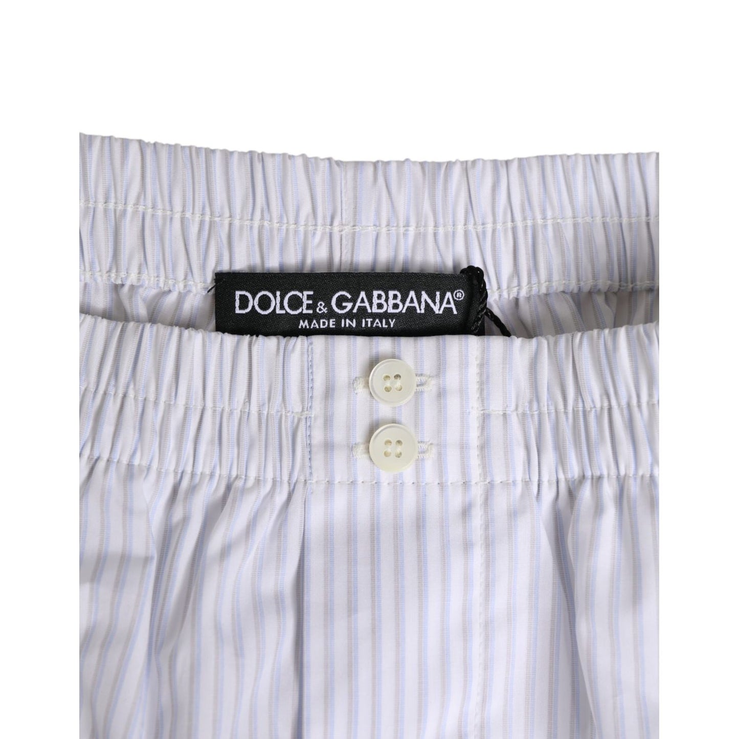 Dolce & Gabbana White Blue Cotton Striped Button Fly Shorts Swimwear with brand label visible on elastic waistband.