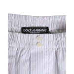 Dolce & Gabbana White Blue Cotton Striped Button Fly Shorts Swimwear with brand label visible on elastic waistband.