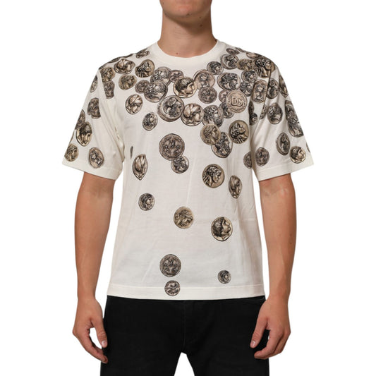 Dolce & Gabbana White Coin Print Cotton Crew Neck Men T-shirt, featuring distinctive coin motif design, luxury fashion, crafted in Italy