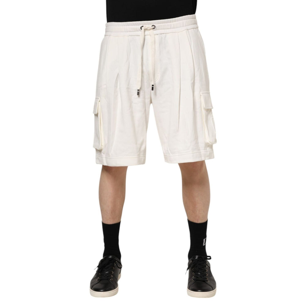Dolce & Gabbana White Cotton Cargo Bermuda Sweatshorts Shorts with drawstring waist and cargo pockets, relaxed fit. Made in Italy.