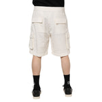 Back view of Dolce & Gabbana White Cotton Cargo Bermuda Sweatshorts Shorts with cargo pockets and drawstring waist, worn by a model.