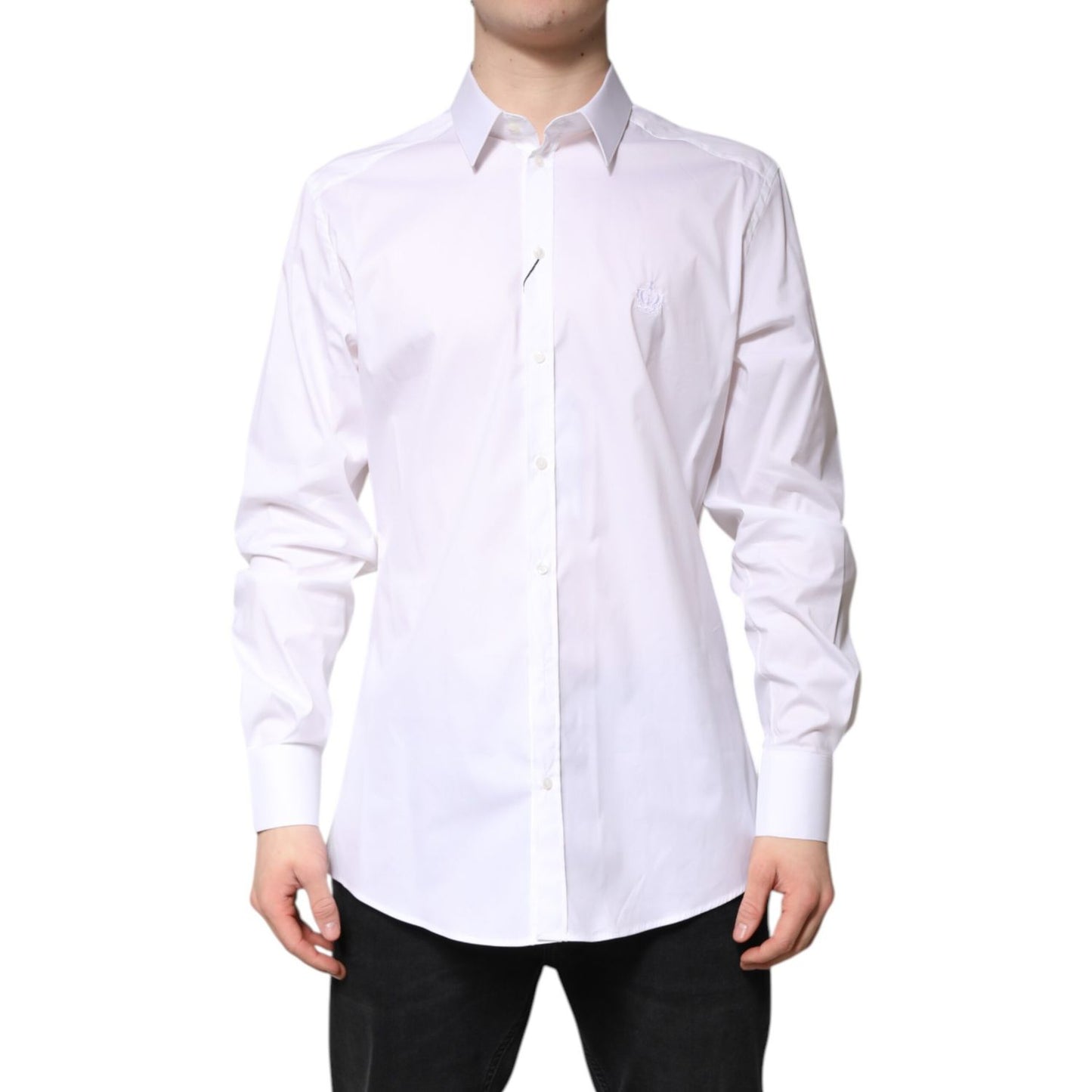 Dolce & Gabbana White Cotton Collared GOLD FormalDress Shirt, long sleeve, high-quality luxury wear for formal occasions.