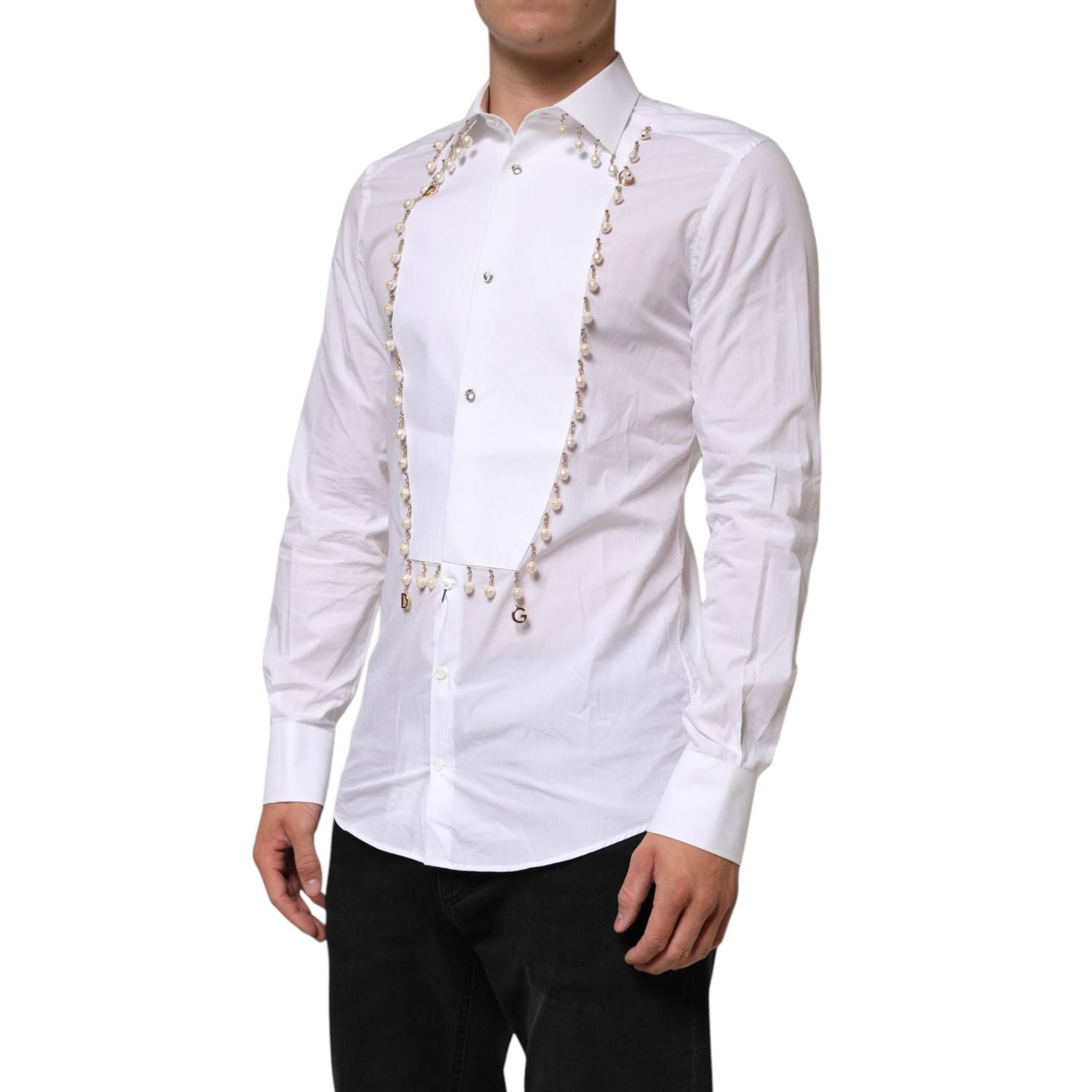 Dolce & Gabbana White Cotton DG Logo Pearl Chain Formal Shirt